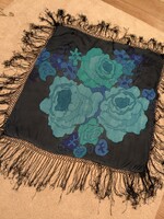 Vintage Női rojtos nagy selyemkendő kék virágos