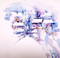 Winter village- watercolor painting / téli falu- akvarell festmény