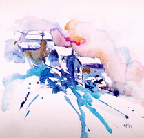 Winter village- watercolor painting / téli falu- akvarell festmény