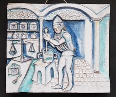 Ritka Zsolnay falikép gyógyszerész v. patikus fiú mázas pirogránit