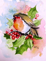 Robin in the garden- watercolor painting / Vörösbegy a kertben- akvarell festmény
