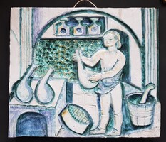 Ritka Zsolnay falikép gyógyszerész v. patikus lány mázas pirogránit