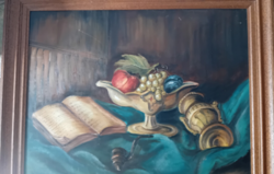 Jelinek G. jelzés : Gyümölcs-csendélet könyvvel , pipával Fara﻿gott fa keret