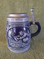 Marzi & Remy kobaltkék mázas kerámia söröskorsó, ón fedeles