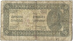 10 dinár 1944 Jugoszlávia Partizán bankjegy