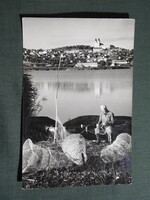 Képeslap,Balaton part,halász,csónak,Tihany látkép,részlet, 1963-