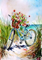 Colorful bouquet with bycicle -  watercolor painting - Színes csokor biciklivel- akvarell festmény
