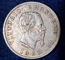 Pénzérme olasz 1 líra  ezüst  1863