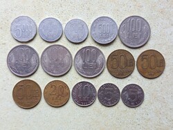 Románia 15 db Különböző Érme 5,10,20,50,100,500,1000,5000 Lei Lej 1991-2003