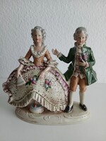Vintage német Lippelsdorf GDR porcelánn barokk pár, figurális szobor