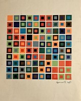Gyarmati Tihamér jelzéssel – geometrikus op-art kompozíció, színes négyzetrács