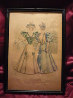 Divatdámák  I. viselettörténet litográfia 1894, olasz öltözet, ruha, divat.