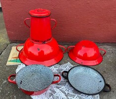 Régi piros zománcos zománcozott edények zsírosbödön vájling sütőedény