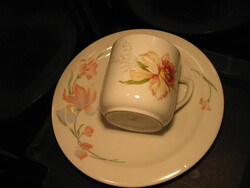 Retro rózsaszínű virágos porcelán összeállítás, Dubi cseh bögre , Realty tányér