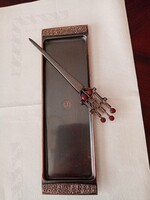 Lignifer Iparművészeti vörösréz ötvös íróasztali tálca és tűzzománcos  papírvágó / levélbontó kés