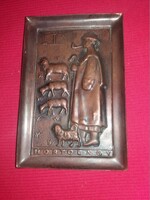 Régi Képcsarnokos Iparművész réz  falikép / plakett Juhász szűrben a nyájjal 15 X 8 cm képek szerint