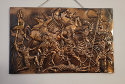 Domborított rézlemez falikép (bronz patina) – ókori csatajelenet dombormű
