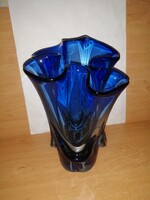 Kézi készítésű, fodros szélű, vastag, nehéz, kék üveg váza - 27,5 cm magas