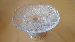 Régi retro vastag üveg talpas metszett kínáló tál, 6 db süteményes tányér