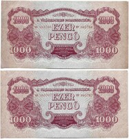 2 x 1000 pengő 1944 VH. Hajtatlan Sorszámkövetők Alacsony sorszám "005766 és 005767"