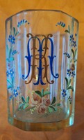 Antik fújt festett KM monogramos bieder 8 lapos üvegpohár