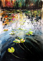 Water mirror with water lilies -  watercolor painting - Vízililiom víztükörrel-  akvarell festmény