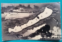 Balaton vonattal és hajóval, 1958, térképes, grafikus képeslap, Farnadi Frigyes