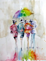 Girlfriends under the umbrella -  watercolor painting - Barátnők az esernyő alatt  akvarell festmény
