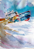 Ship on the shore-  watercolor painting - Hajó a parton -  akvarell festmény