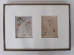 Antik Art deco rézkarc grafika 2 db 1935 Margot Weemaes Szent György vallás üveg nélkül keretben 713
