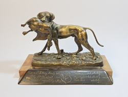 Vadászkutya/vizsla kacsával, gyönyörű régi bronz szobor + / II. világháborús emléktárgy