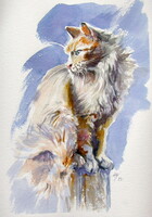 Sitting cat -  watercolor painting - Ülő macska-  akvarell festmény