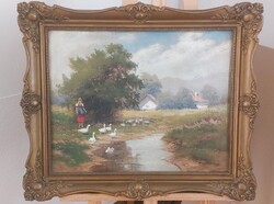 Barsi Béla szép falusi életkép festménye  61x51 cm kerettel