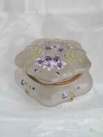 Szecessziós ibolya gyöngyvirág mintás zománcfestett opálos üveg bonbonier