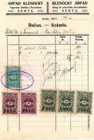 Régi számla: Klenócky Árpád üveg és porcelán, Zenta 1926.