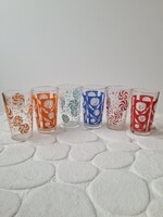 Színes olasz retro vizespohár készlet kék türkiz narancs piros virágok hópelyhek téli nyári mintás