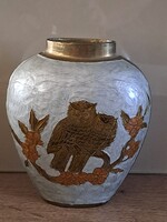 Réz váza bagoly motívummal, tűzzománcozott