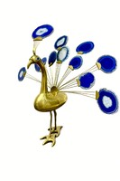 SIGNED Brass Peacock Sculpture with Blue Agate Slices