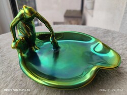 Zsolnay eozin mázas hamutál / tálka, figurális női alak, Pécs, jelzett, art deco stílus