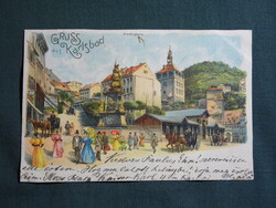 Képeslap,litho,Csehország,Karlovy Vary,Karlsbad,Marktplatz,tržiště,piactér,1899-