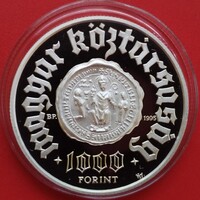 1995 évi 1.000 Forint tükörveret UNC. Pannonhalma 996, 1996. 1 uncia 925% ezüst.