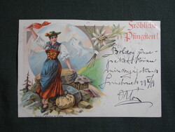 Képeslap,litho,Ausztria,Innsbruck,pünkösdi,népviselet,havasi gyopár,1899-