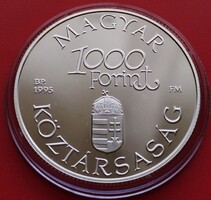 1995 évi 1.000 Forint tükörveret UNC. Régi Dunai Hajók. Hableány. 1 uncia 925% ezüst.