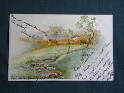 Képeslap,litho,falusi vidéki tájkép,Winkler Schorn Nürnberg kiadás,Tolna bélyegzés ,1899-