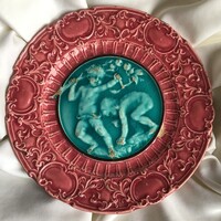 Akt 1895 türkiz pink fajansz porcelán tányér Német Villeroy Bosch Schramberg gyerek Gyümölcs szüret