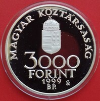 1999 évi 3.000 Forint tükörveret UNC. Integráció az Európai Unióba. Euro. 1 uncia 925% ezüst.