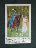 Képeslap,litho,grafika,művészet,páncélos lovag,szőke hölgy ivókürtöt nyújt át ,1899-