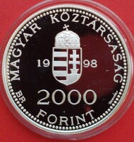 1998 évi 2.000 Forint tükörveret UNC. Integráció az Európai Unióba. Euro. 1 uncia 925% ezüst.