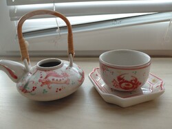 Vintage kínai vagy japán 3 db-os, kézzell festett porcelán teás szett