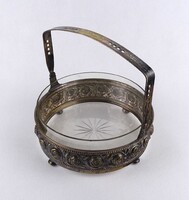 1Y843 Régi ezüstözött üvegbetétes bécsi rózsás réz osztrák kínáló kosár